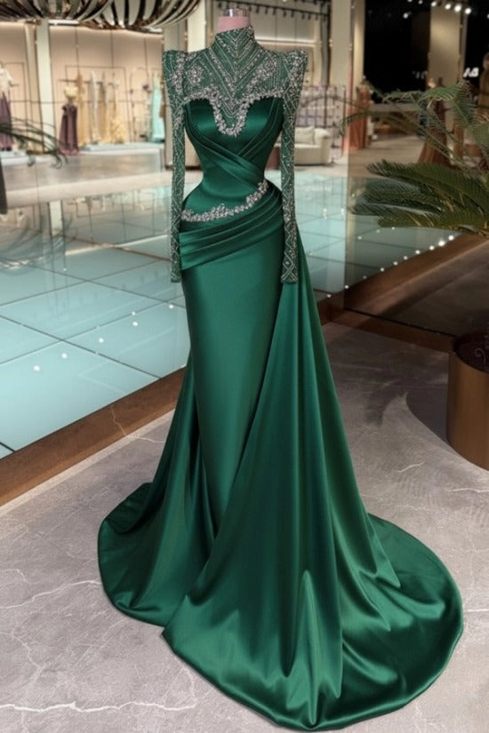 High Neck Crystal Illusion Long Sleeve Structured Shoulder Sweetheart Satin Cross-Draped Ruched Mermaid Evening Dress Side Train