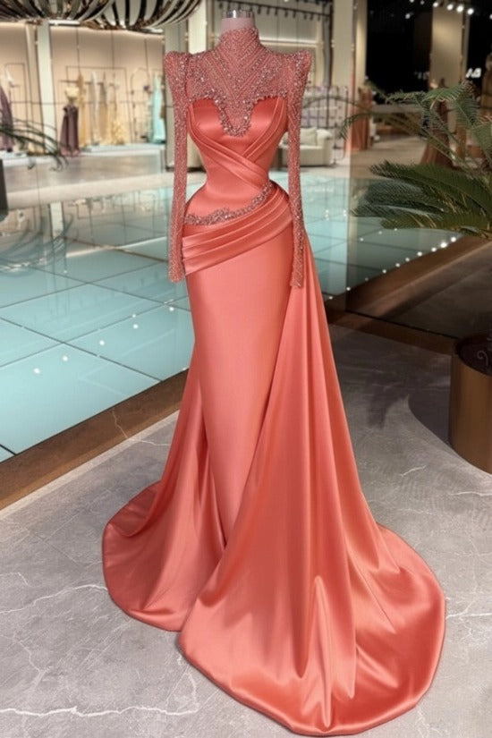 High Neck Crystal Illusion Long Sleeve Structured Shoulder Sweetheart Satin Cross-Draped Ruched Mermaid Evening Dress Side Train