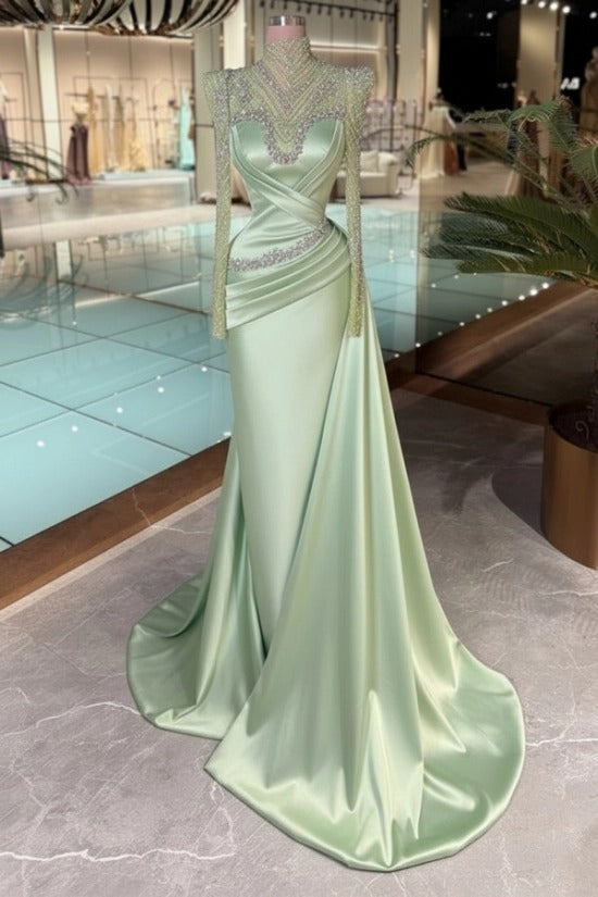 High Neck Crystal Illusion Long Sleeve Structured Shoulder Sweetheart Satin Cross-Draped Ruched Mermaid Evening Dress Side Train