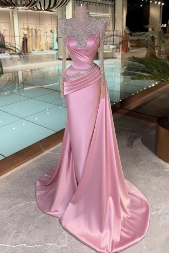 High Neck Crystal Illusion Long Sleeve Structured Shoulder Sweetheart Satin Cross-Draped Ruched Mermaid Evening Dress Side Train