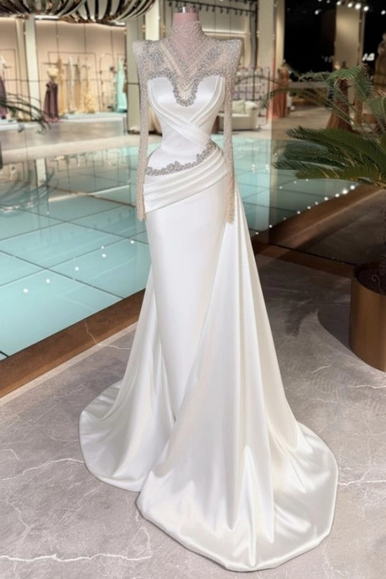 High Neck Crystal Illusion Long Sleeve Structured Shoulder Sweetheart Satin Cross-Draped Ruched Mermaid Evening Dress Side Train