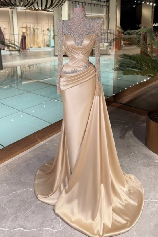 High Neck Crystal Illusion Long Sleeve Structured Shoulder Sweetheart Satin Cross-Draped Ruched Mermaid Evening Dress Side Train