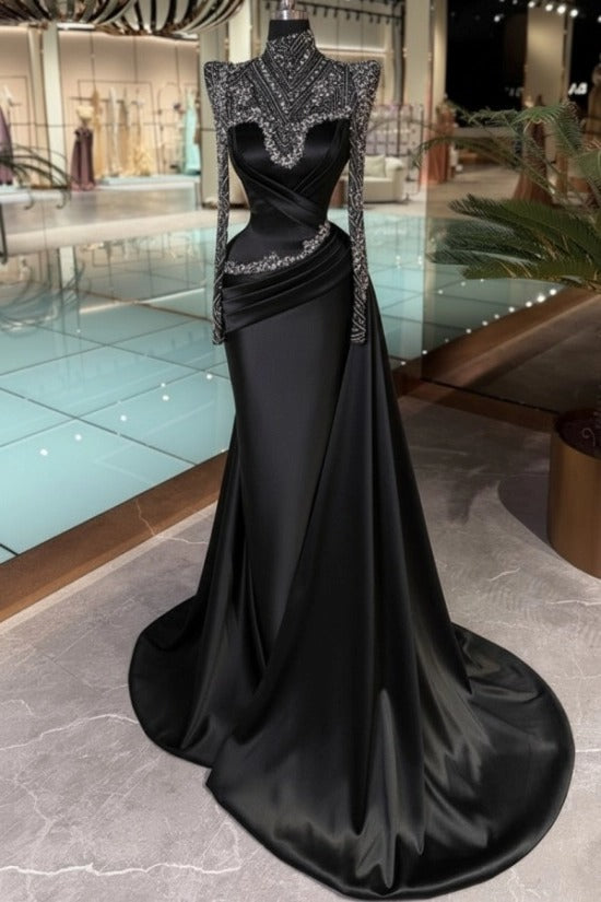 High Neck Crystal Illusion Long Sleeve Structured Shoulder Sweetheart Satin Cross-Draped Ruched Mermaid Evening Dress Side Train