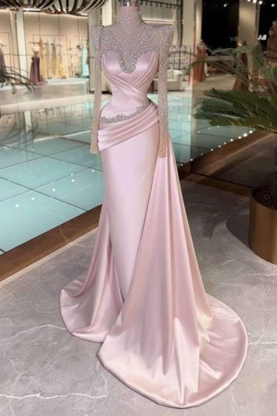 High Neck Crystal Illusion Long Sleeve Structured Shoulder Sweetheart Satin Cross-Draped Ruched Mermaid Evening Dress Side Train