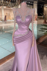 High Neck Crystal Illusion Long Sleeve Structured Shoulder Sweetheart Satin Cross-Draped Ruched Mermaid Evening Dress Side Train