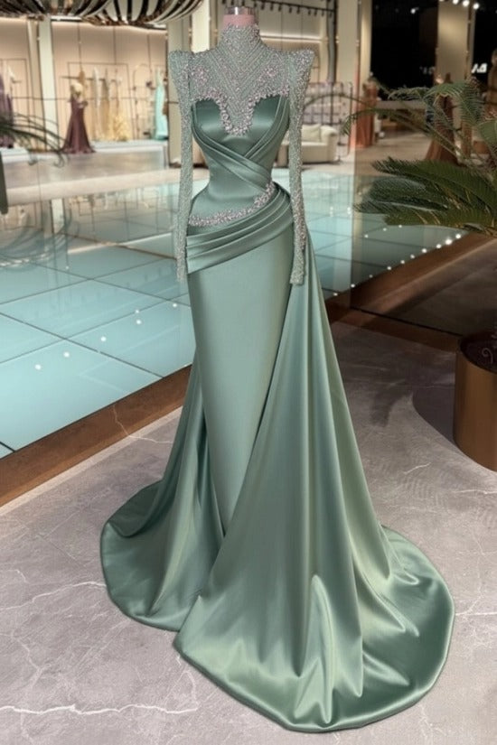 High Neck Crystal Illusion Long Sleeve Structured Shoulder Sweetheart Satin Cross-Draped Ruched Mermaid Evening Dress Side Train