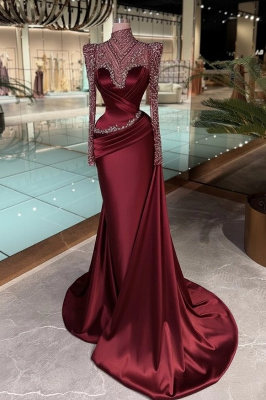 High Neck Crystal Illusion Long Sleeve Structured Shoulder Sweetheart Satin Cross-Draped Ruched Mermaid Evening Dress Side Train