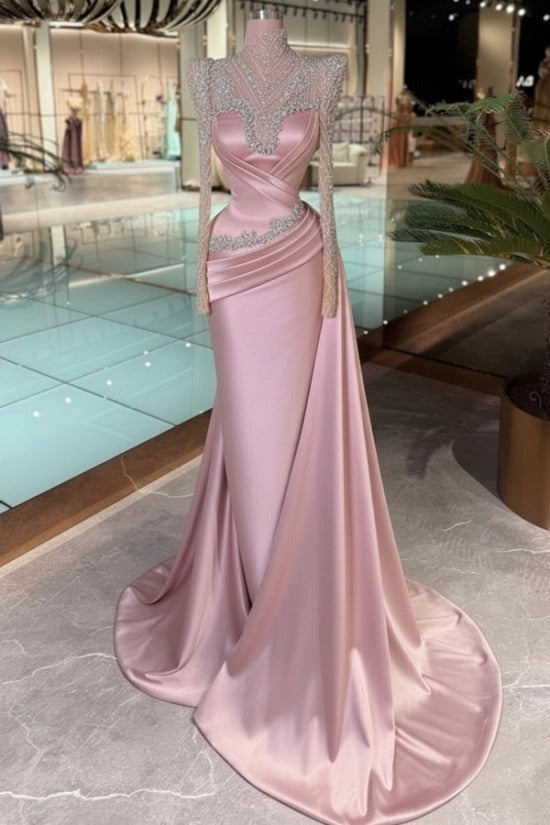 High Neck Crystal Illusion Long Sleeve Structured Shoulder Sweetheart Satin Cross-Draped Ruched Mermaid Evening Dress Side Train