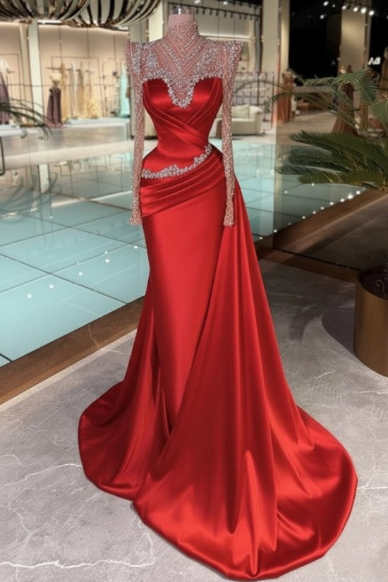 High Neck Crystal Illusion Long Sleeve Structured Shoulder Sweetheart Satin Cross-Draped Ruched Mermaid Evening Dress Side Train