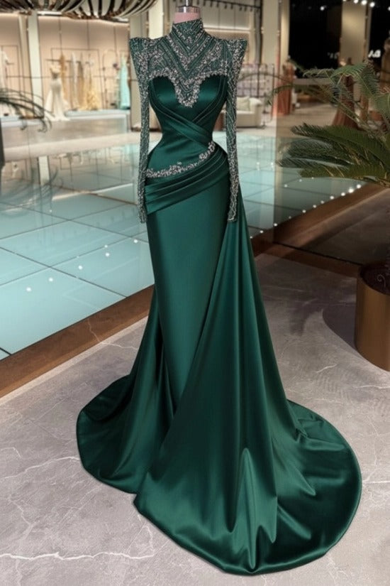 High Neck Crystal Illusion Long Sleeve Structured Shoulder Sweetheart Satin Cross-Draped Ruched Mermaid Evening Dress Side Train