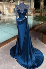 High Neck Crystal Illusion Long Sleeve Structured Shoulder Sweetheart Satin Cross-Draped Ruched Mermaid Evening Dress Side Train