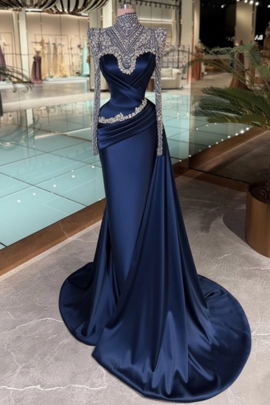 High Neck Crystal Illusion Long Sleeve Structured Shoulder Sweetheart Satin Cross-Draped Ruched Mermaid Evening Dress Side Train