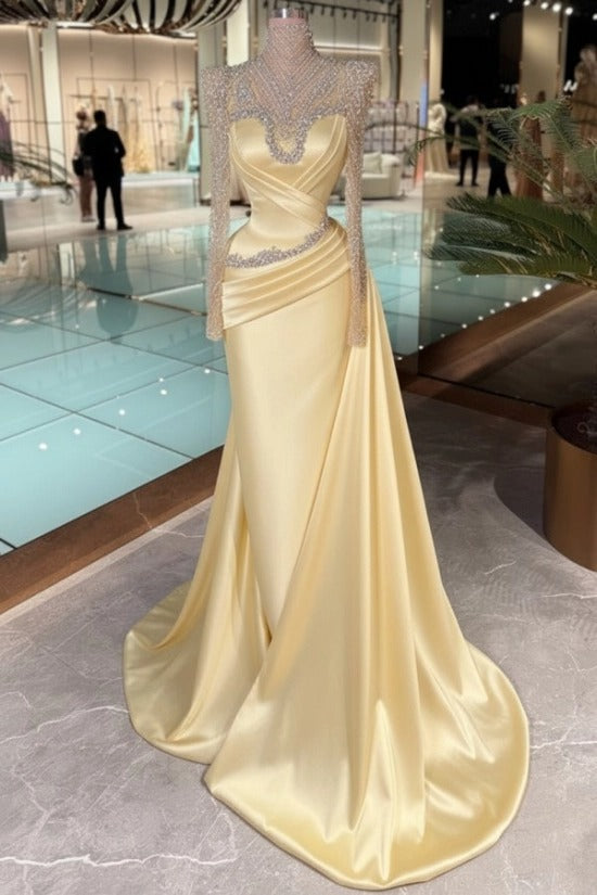 High Neck Crystal Illusion Long Sleeve Structured Shoulder Sweetheart Satin Cross-Draped Ruched Mermaid Evening Dress Side Train