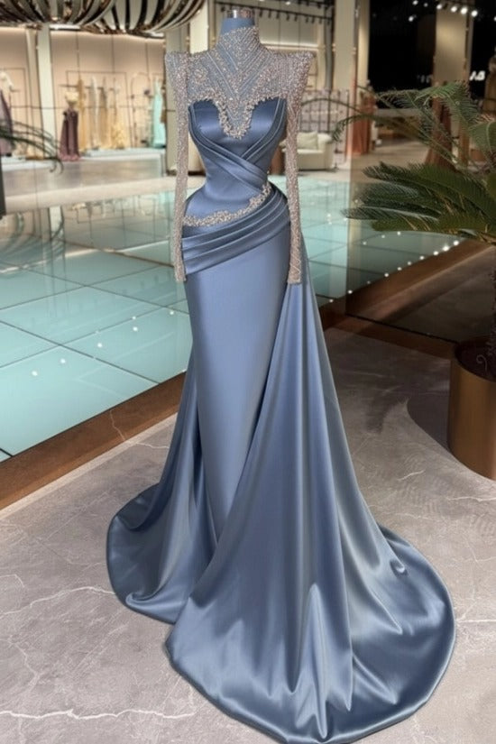 High Neck Crystal Illusion Long Sleeve Structured Shoulder Sweetheart Satin Cross-Draped Ruched Mermaid Evening Dress Side Train