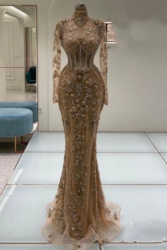 High Neck Illusion All-Over Gold Baroque Floral 3D Embroidery Sheer Boned Corset Long Sleeve Open Back Mermaid Evening Dress Sweep Train
