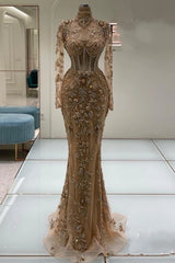High Neck Illusion All-Over Gold Baroque Floral 3D Embroidery Sheer Boned Corset Long Sleeve Open Back Mermaid Evening Dress Sweep Train