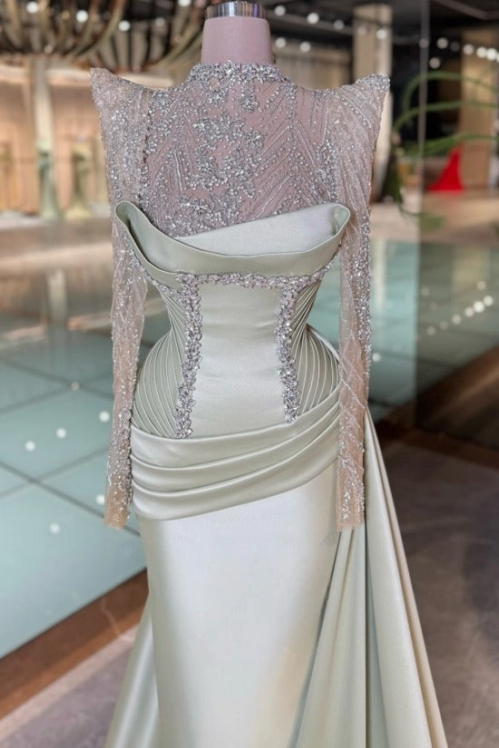 High Neck Illusion Crystal Geometric Embroidery Square Shoulder Inner Off-Shoulder Vertical Crystal Corset Sage Green Satin Mermaid Evening Dress Cape Overskirt Train