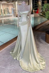 High Neck Illusion Crystal Geometric Embroidery Square Shoulder Inner Off-Shoulder Vertical Crystal Corset Sage Green Satin Mermaid Evening Dress Cape Overskirt Train