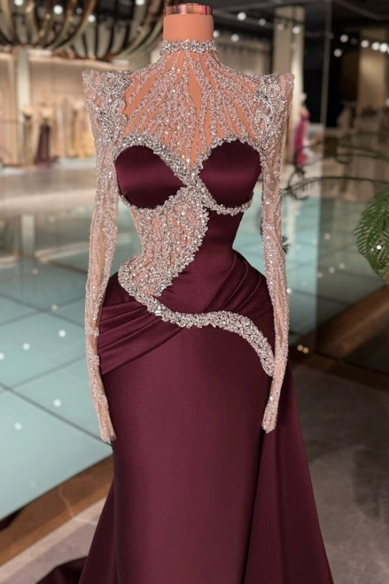 High Neck Illusion Dense Crystal Floral Vine Sweetheart Cutout Long Sleeve S-Curve Crystal Waist Burgundy Satin Mermaid Evening Dress Overskirt Train