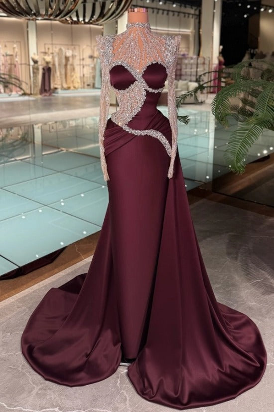 High Neck Illusion Dense Crystal Floral Vine Sweetheart Cutout Long Sleeve S-Curve Crystal Waist Burgundy Satin Mermaid Evening Dress Overskirt Train