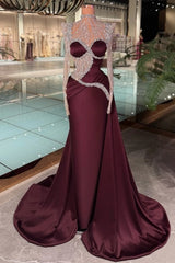 High Neck Illusion Dense Crystal Floral Vine Sweetheart Cutout Long Sleeve S-Curve Crystal Waist Burgundy Satin Mermaid Evening Dress Overskirt Train