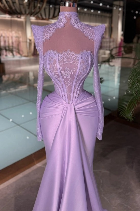 High Neck Illusion Lace Scallop Collar Structured Shoulder Sweetheart Sheer Boned Corset Long Sleeve Satin Centre Twist Mermaid Gown Chapel Train