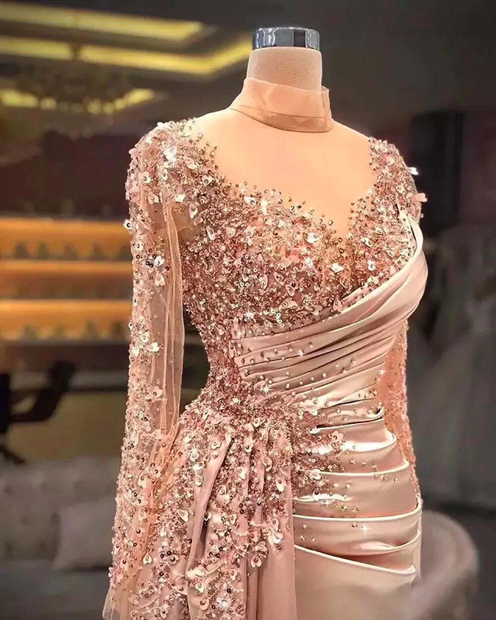 High Neck Illusion Long Sleeve 3D Floral Beading Sequin Ruched Satin Mermaid Evening Dress Chapel Train Floor Length