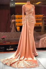 High Neck Illusion Long Sleeve 3D Floral Beading Sequin Ruched Satin Mermaid Evening Dress Chapel Train Floor Length