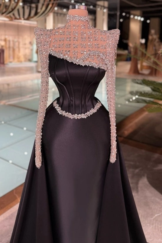 High Neck Illusion Long Sleeve Dense Crystal Rhinestone Structured Shoulder Satin Ruched Corset Overskirt Column Evening Dress