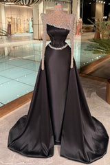 High Neck Illusion Long Sleeve Dense Crystal Rhinestone Structured Shoulder Satin Ruched Corset Overskirt Column Evening Dress