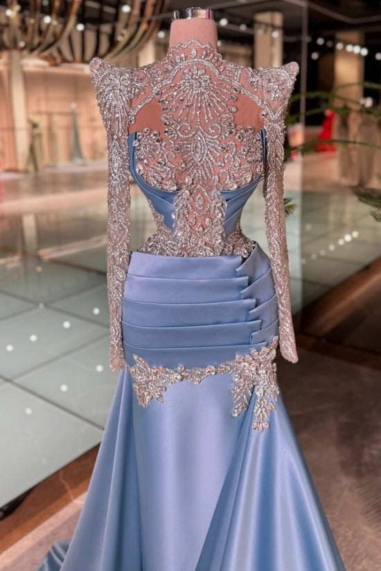 High Neck Illusion Long Sleeve Ultra-Dense Gold Crystal Lace Embroidery Full Illusion Back Ruched Satin Waist Band Gold Lace Hem Mermaid Evening Dress Cathedral Train