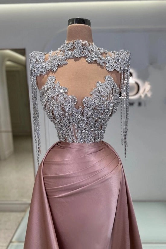 High Neck Illusion Oversized Crystal Floral Cluster Sheer Boned Corset Crystal Tassel Shoulders Sweetheart Open Back Satin Mermaid Evening Dress Overskirt Chapel Train