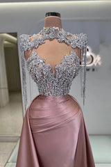 High Neck Illusion Oversized Crystal Floral Cluster Sheer Boned Corset Crystal Tassel Shoulders Sweetheart Open Back Satin Mermaid Evening Dress Overskirt Chapel Train