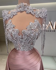 High Neck Illusion Oversized Crystal Floral Cluster Sheer Boned Corset Crystal Tassel Shoulders Sweetheart Open Back Satin Mermaid Evening Dress Overskirt Chapel Train