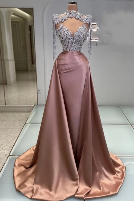 High Neck Illusion Oversized Crystal Floral Cluster Sheer Boned Corset Crystal Tassel Shoulders Sweetheart Open Back Satin Mermaid Evening Dress Overskirt Chapel Train