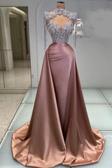 High Neck Illusion Oversized Crystal Floral Cluster Sheer Boned Corset Crystal Tassel Shoulders Sweetheart Open Back Satin Mermaid Evening Dress Overskirt Chapel Train