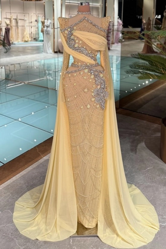 High Neck Illusion Spider Web Pearl Bead Framework Asymmetric Chiffon Cut-Out Crystal Floral Appliqué Single Cape Sleeve Mermaid Evening Dress