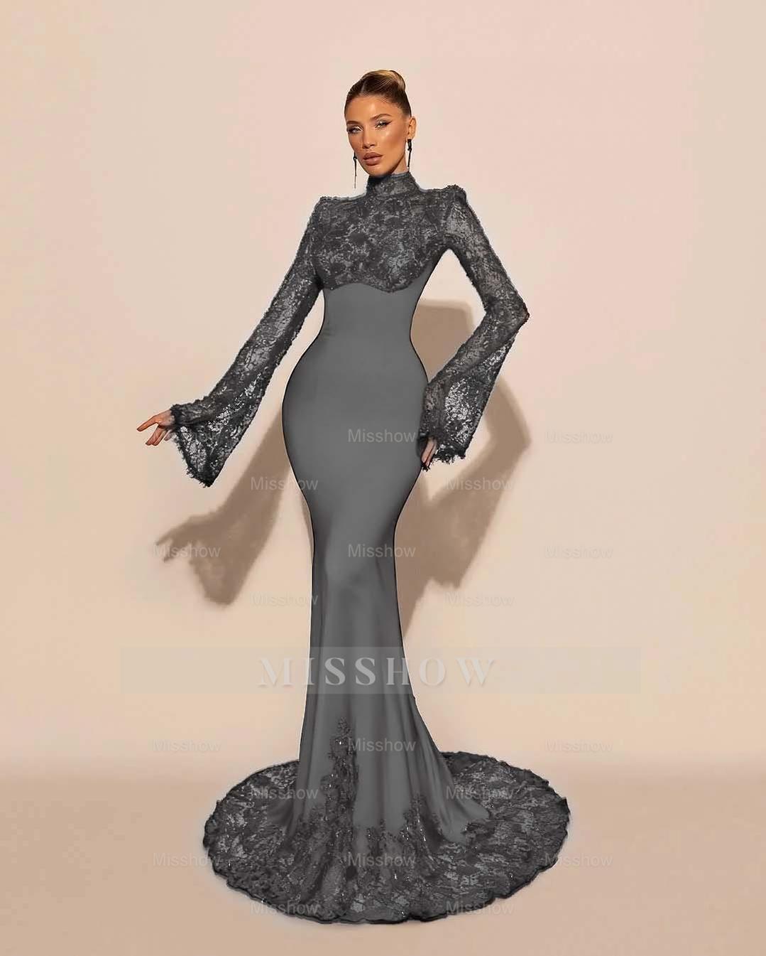 High Neck Lace Long Sleeves Long Mermaid Formal Dress With Pleated