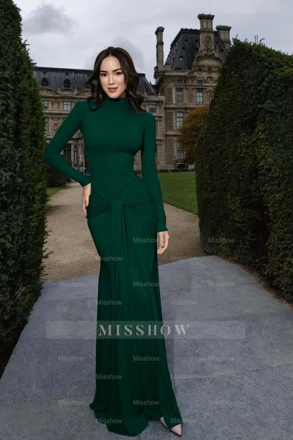 High Neck Long Sleeves Long Mermaid Formal Dress With Pleated