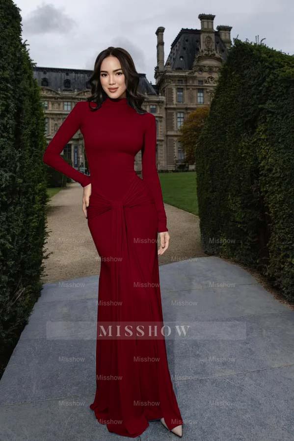 High Neck Long Sleeves Long Mermaid Formal Dress With Pleated