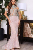 High Neck Pink Half Sleeves Mermaid Prom Dress with Appliques