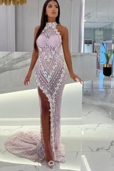 High Neck Pink Unique Mermaid High Split Prom Evening Dresses