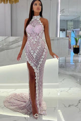 High Neck Pink Unique Mermaid High Split Prom Evening Dresses