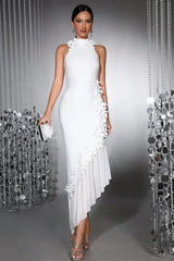 High Neck Sleeveless Long Formal Dress With Pleated Appliques