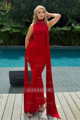 High Neck Sleeveless Long Mermaid Formal Dress With Pleated Shawl