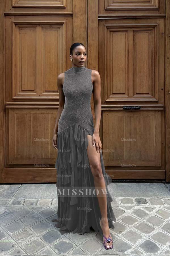 High Neck Sleeveless Long Mermaid Formal Dress With Split Ruffles