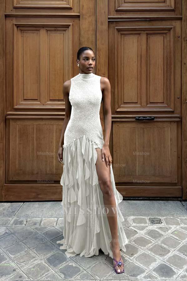 High Neck Sleeveless Long Mermaid Formal Dress With Split Ruffles