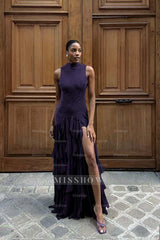 High Neck Sleeveless Long Mermaid Formal Dress With Split Ruffles