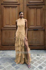 High Neck Sleeveless Long Mermaid Formal Dress With Split Ruffles