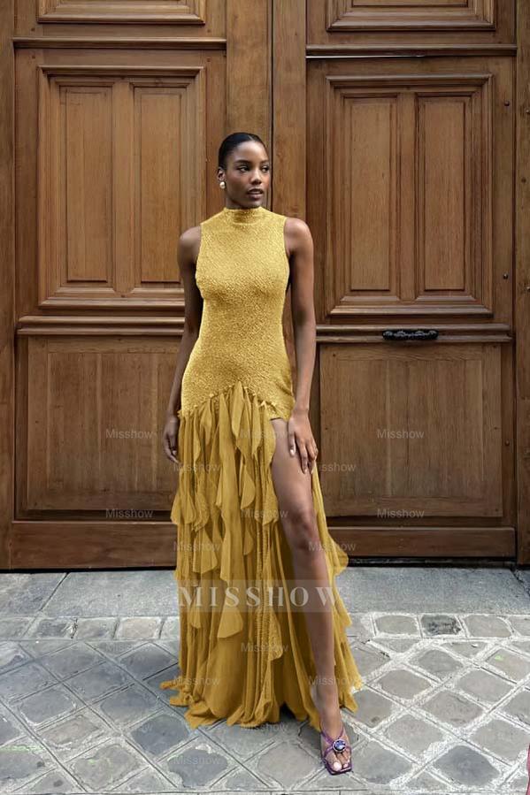 High Neck Sleeveless Long Mermaid Formal Dress With Split Ruffles